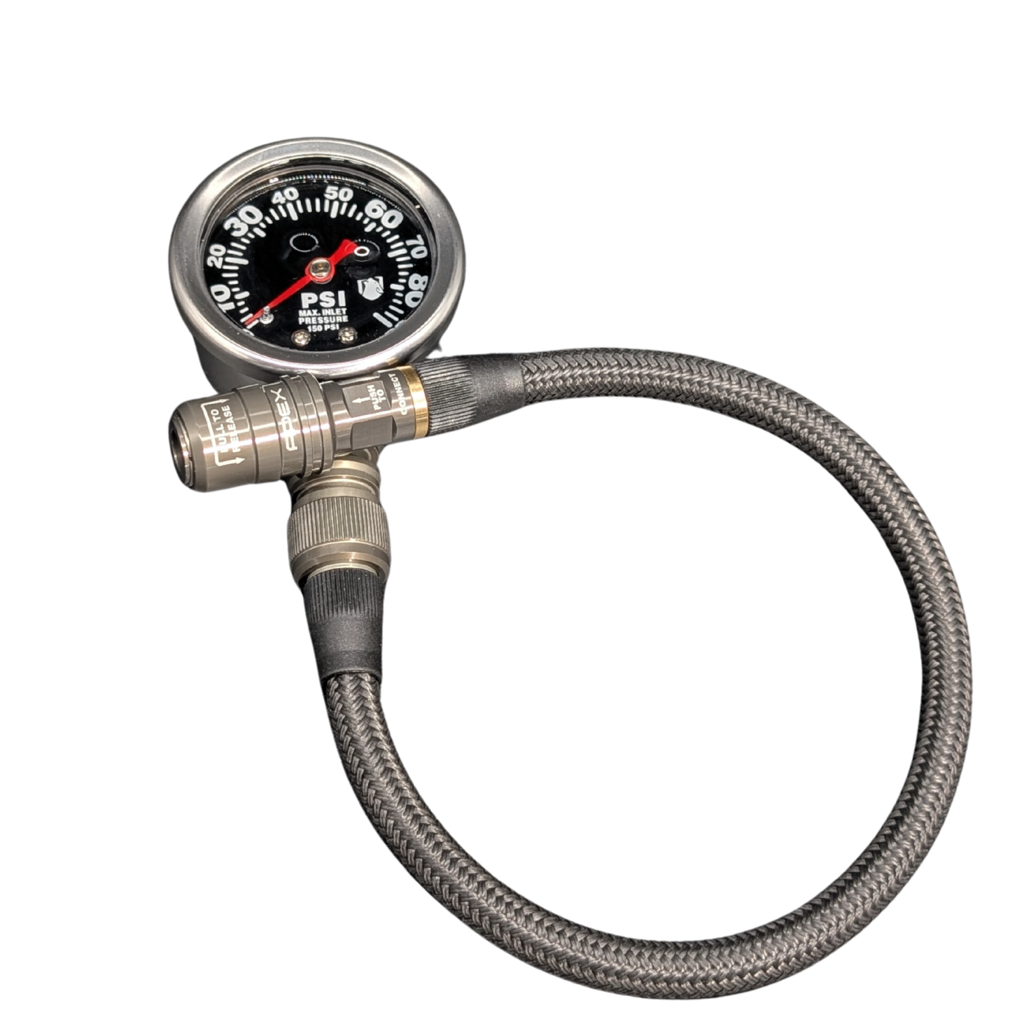 A PSI gauge with a round black face, silver metal casing, and a coiled gray braided hose, isolated on a white background.