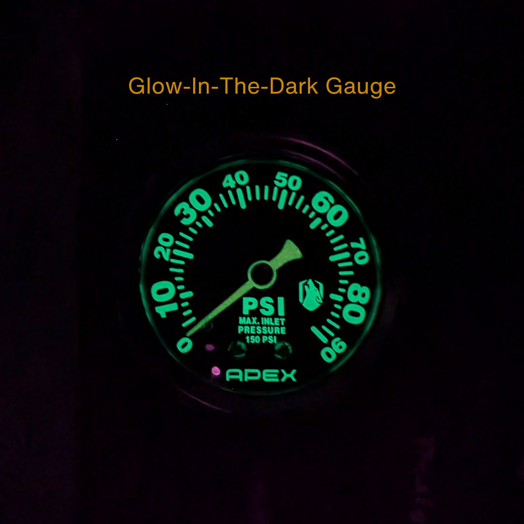 Glow-in-the-dark pressure gauge with 'Apex' branding on a black background